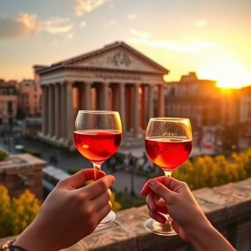 Fotografia commerciale di un aperitivo con vista sul Foro Romano.