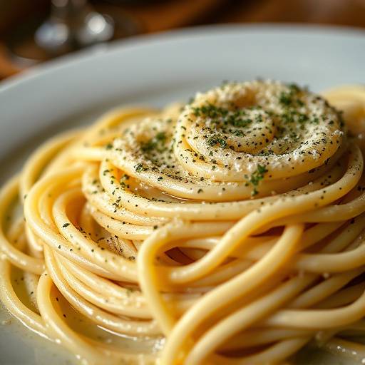 Fotografia commerciale di un piatto di pasta cacio e pepe in un ristorante tipico romano.