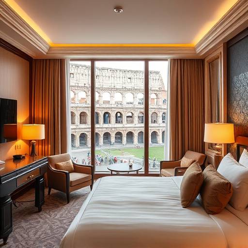 Fotografia commerciale di una camera d'albergo di lusso con vista sul Colosseo.