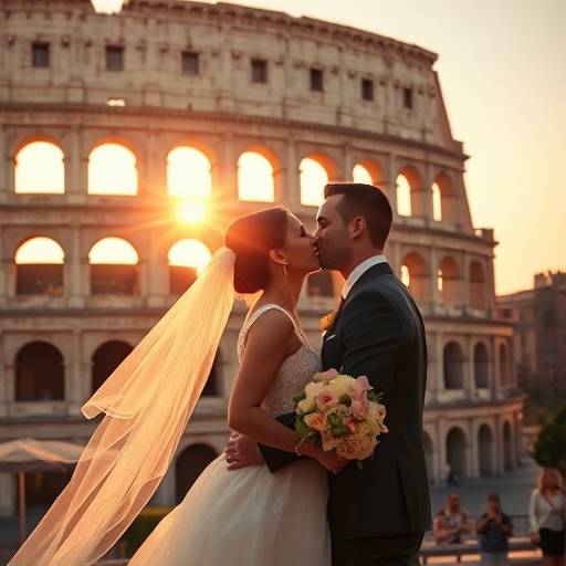 Fotografia di matrimonio a Roma con gli sposi che si baciano davanti al Colosseo