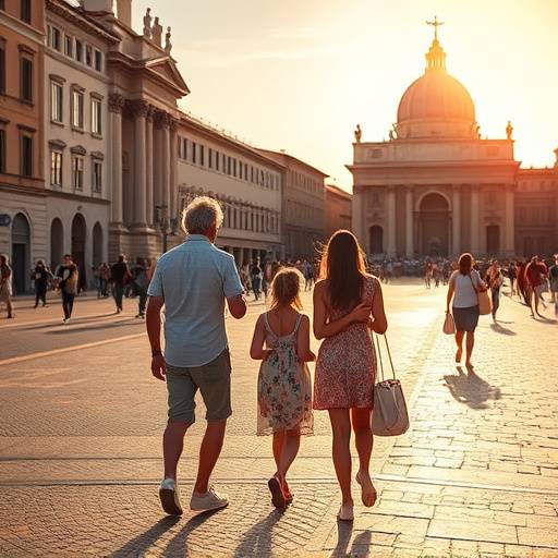 Ritratto di una famiglia che passeggia per Piazza Navona, Roma.